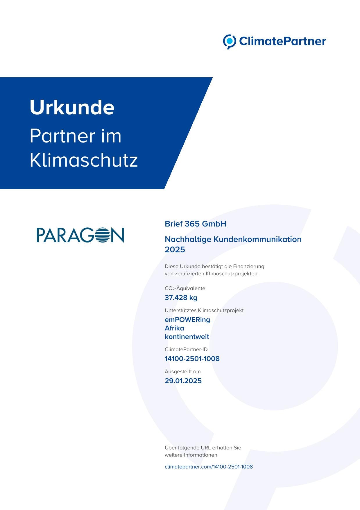 Urkunde ClimatePartner – Brief365 als Partner für aktiven Klimaschutz ausgezeichnet